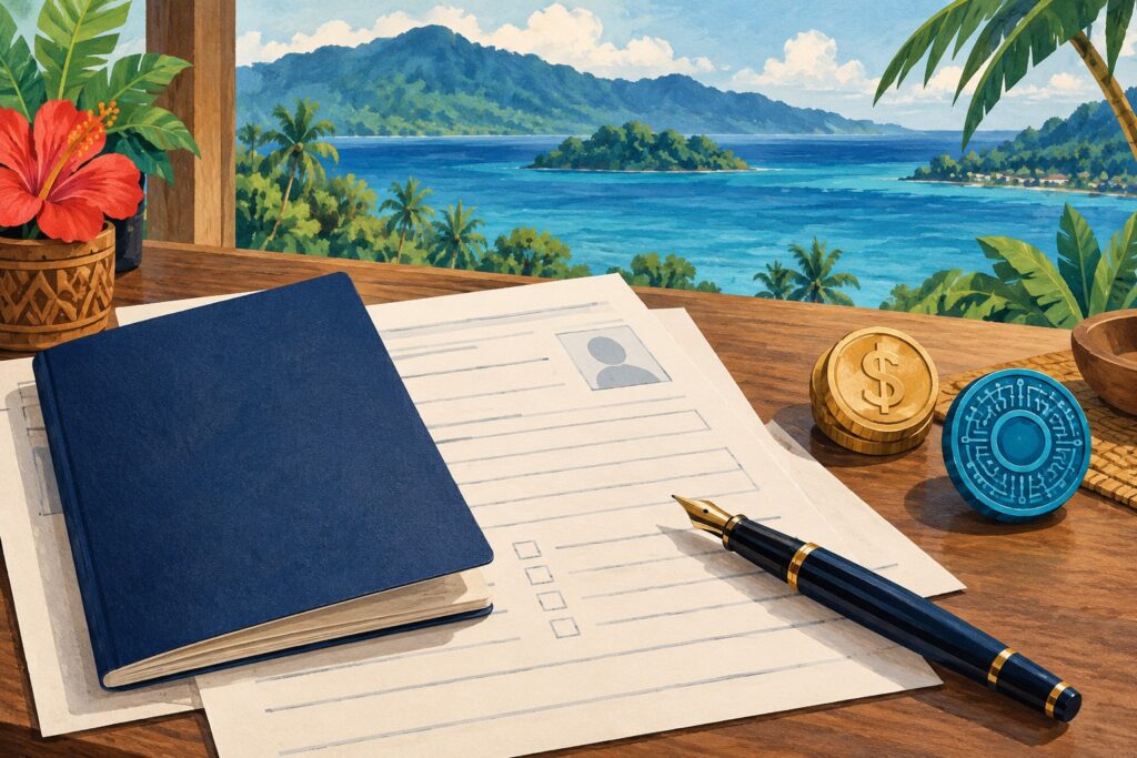 Editorial illustration: Vanuatu Citizenship Office: Bitcoins? What are those? Dollars please