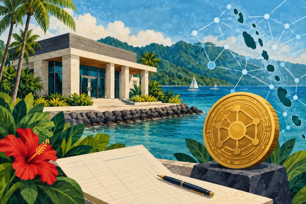 Editorial illustration: Vanuatu’s Pacific Private Bank acquired by Lithuanian “cryptocurrency” Bankera